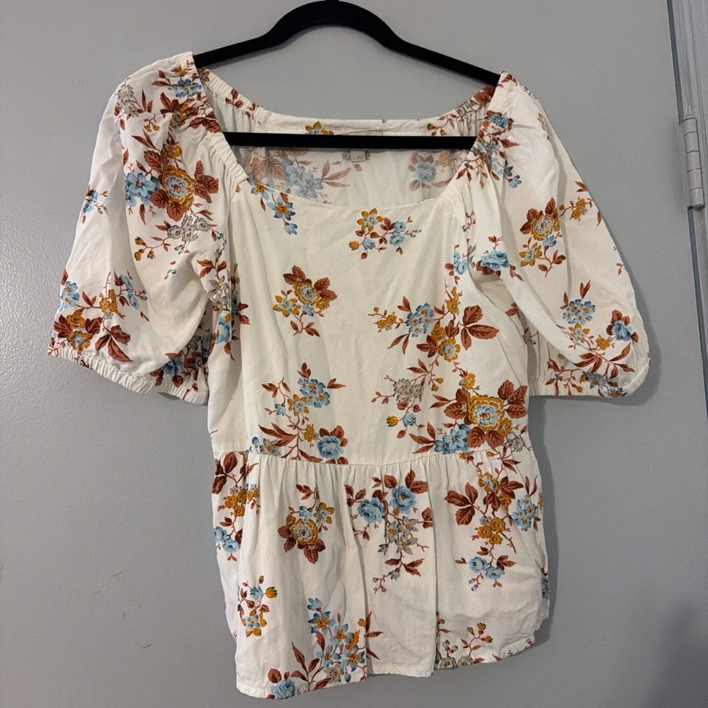 LOFT White Floral Square-Neck Peplum Top with Blue & Rust Flowers